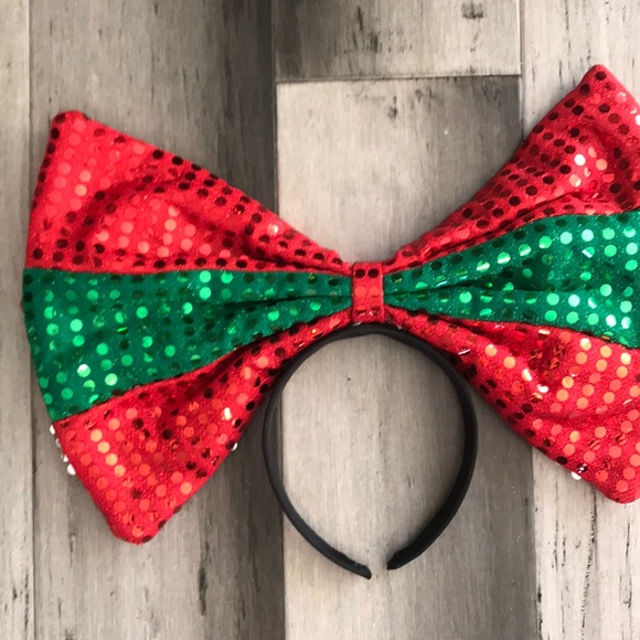 Giant Christmas Bow Headband In Sequin Green & Red - Picture 3 of 3